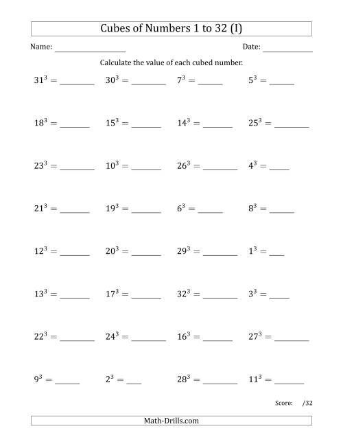 The Cubes of Numbers from 1 to 32 (I) Math Worksheet