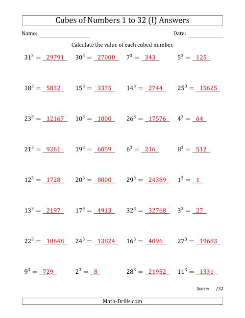 The Cubes of Numbers from 1 to 32 (I) Math Worksheet Page 2