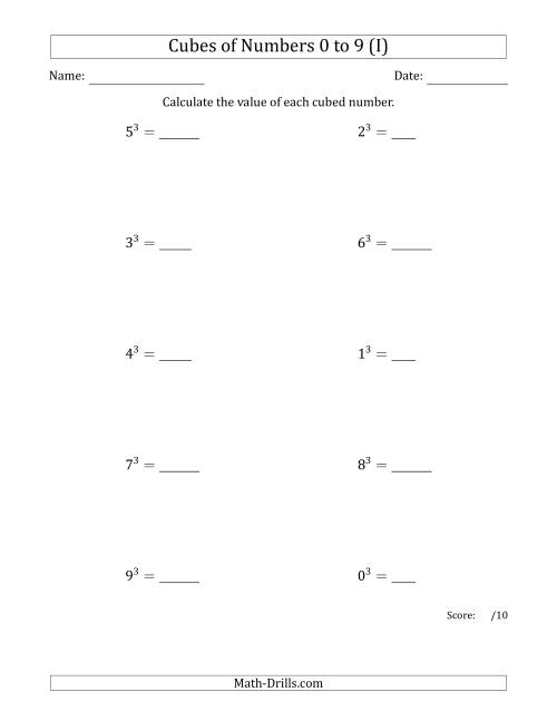 The Cubes of Numbers from 0 to 9 (I) Math Worksheet
