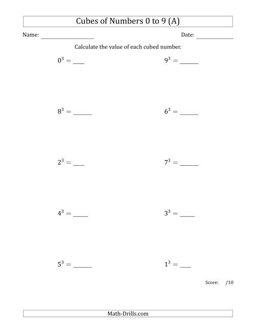 The Cubes of Numbers from 0 to 9 (All) Math Worksheet