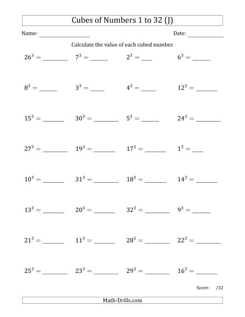 The Cubes of Numbers from 1 to 32 (J) Math Worksheet