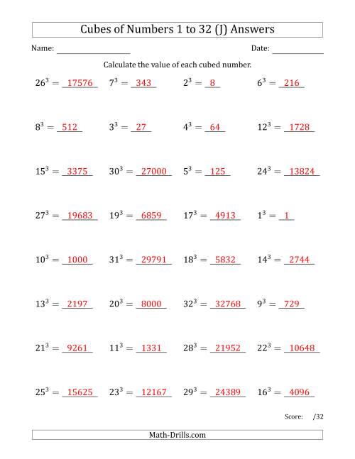 The Cubes of Numbers from 1 to 32 (J) Math Worksheet Page 2