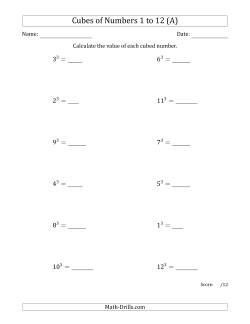 Cubes of Numbers from 1 to 12