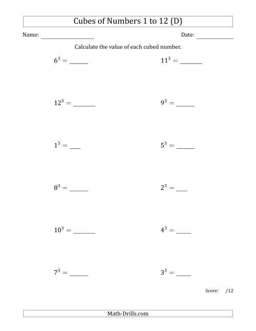 The Cubes of Numbers from 1 to 12 (D) Math Worksheet