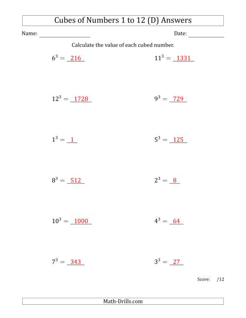 The Cubes of Numbers from 1 to 12 (D) Math Worksheet Page 2