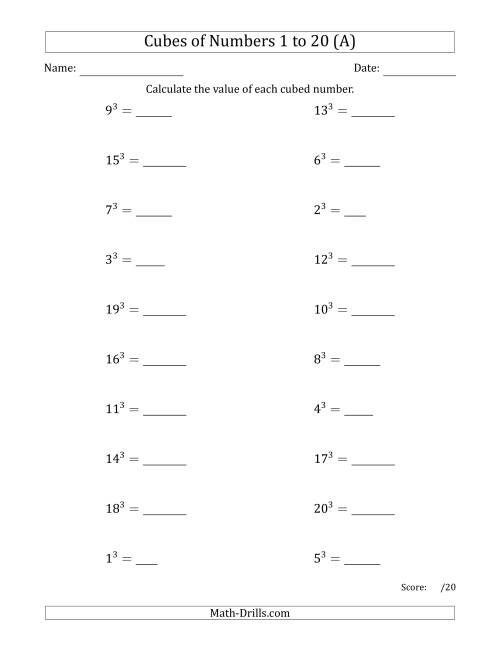 The Cubes of Numbers from 1 to 20 (A) Math Worksheet