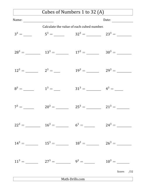 The Cubes of Numbers from 1 to 32 (All) Math Worksheet