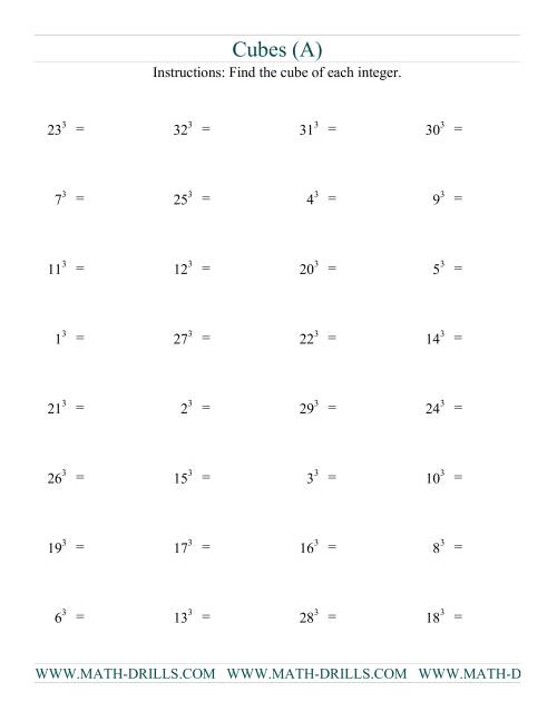 The Cubes of Numbers (Old) Math Worksheet