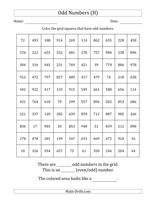 The Coloring in Odd Numbered Squares to Make a Picture (H) Math Worksheet