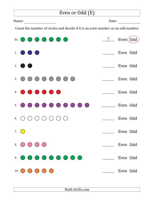 The Even or Odd Numbers of Circles (Numbers 1 to 10) (E) Math Worksheet