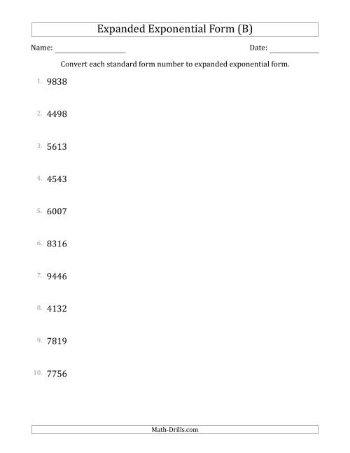 The Converting Standard Form Numbers to Expanded Exponential Form (4-Digit Numbers) (B) Math Worksheet