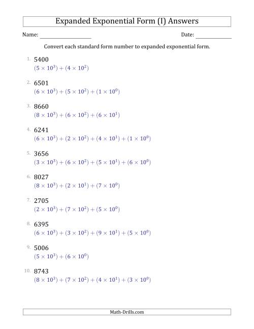 The Converting Standard Form Numbers to Expanded Exponential Form (4-Digit Numbers) (I) Math Worksheet Page 2