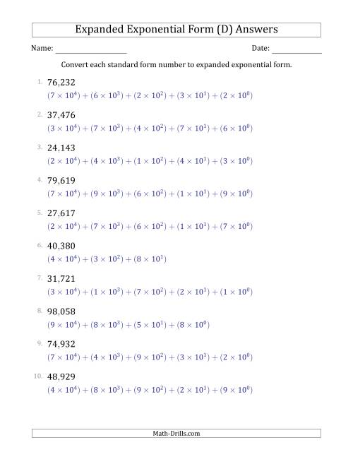 The Converting Standard Form Numbers to Expanded Exponential Form (5-Digit Numbers) (US/UK) (D) Math Worksheet Page 2