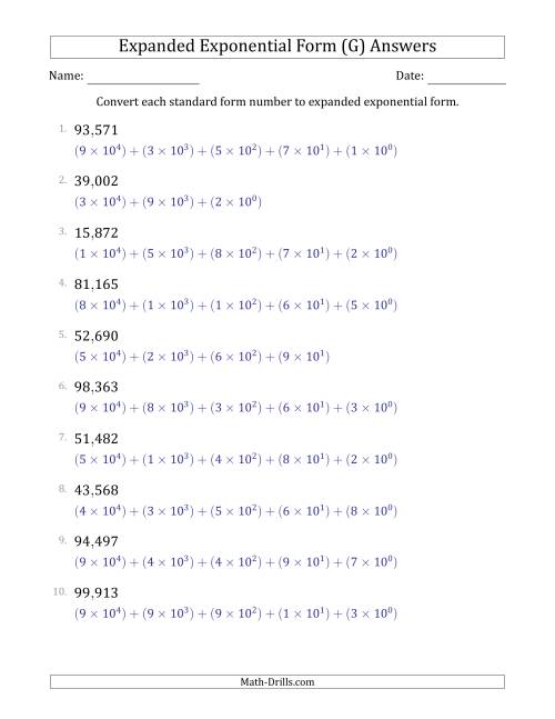 The Converting Standard Form Numbers to Expanded Exponential Form (5-Digit Numbers) (US/UK) (G) Math Worksheet Page 2