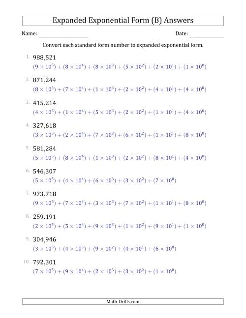 The Converting Standard Form Numbers to Expanded Exponential Form (6-Digit Numbers) (US/UK) (B) Math Worksheet Page 2