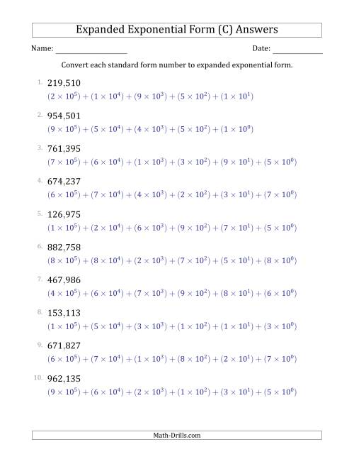 The Converting Standard Form Numbers to Expanded Exponential Form (6-Digit Numbers) (US/UK) (C) Math Worksheet Page 2