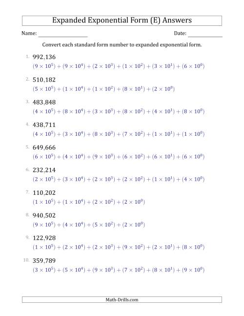 The Converting Standard Form Numbers to Expanded Exponential Form (6-Digit Numbers) (US/UK) (E) Math Worksheet Page 2
