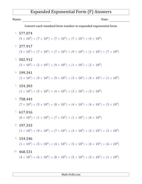 The Converting Standard Form Numbers to Expanded Exponential Form (6-Digit Numbers) (US/UK) (F) Math Worksheet Page 2
