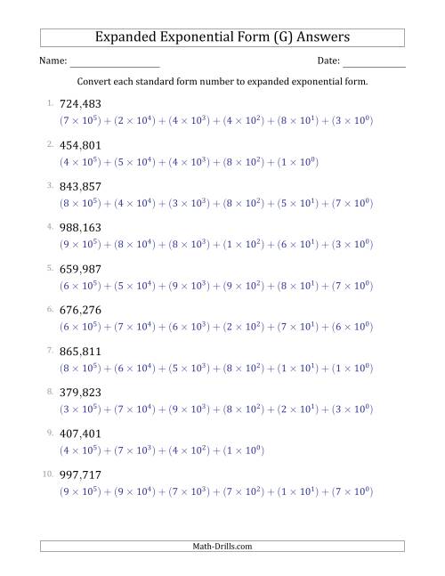 The Converting Standard Form Numbers to Expanded Exponential Form (6-Digit Numbers) (US/UK) (G) Math Worksheet Page 2