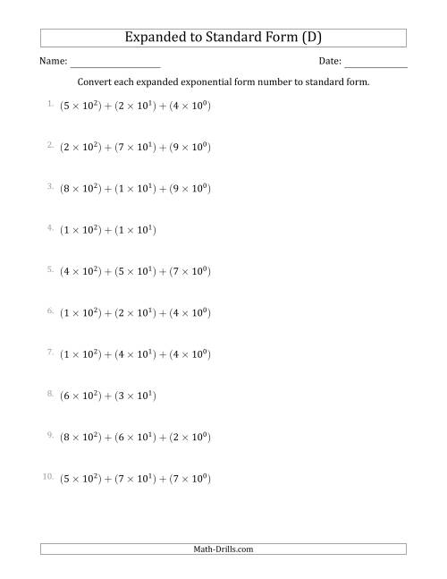 The Converting Expanded Exponential Form Numbers to Standard Form (3-Digit Numbers) (D) Math Worksheet