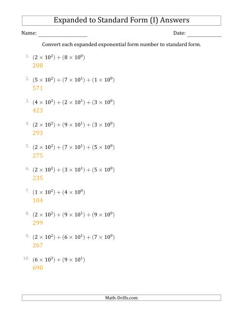 The Converting Expanded Exponential Form Numbers to Standard Form (3-Digit Numbers) (I) Math Worksheet Page 2