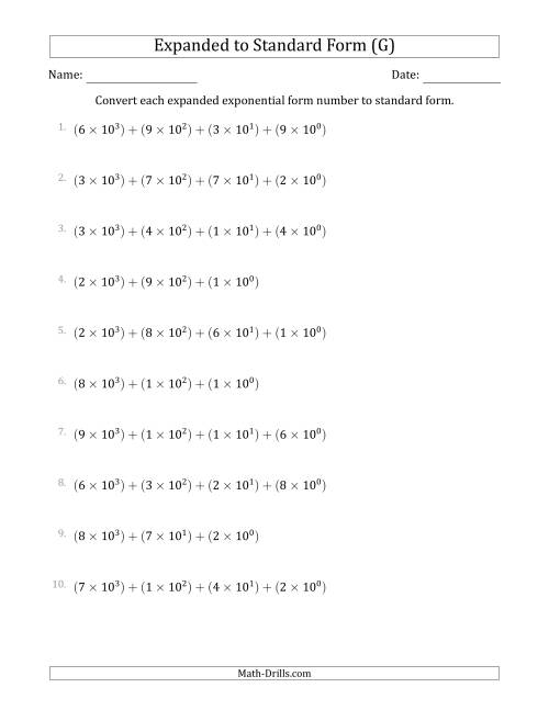 The Converting Expanded Exponential Form Numbers to Standard Form (4-Digit Numbers) (G) Math Worksheet