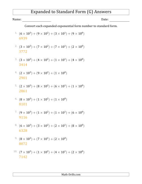 The Converting Expanded Exponential Form Numbers to Standard Form (4-Digit Numbers) (G) Math Worksheet Page 2