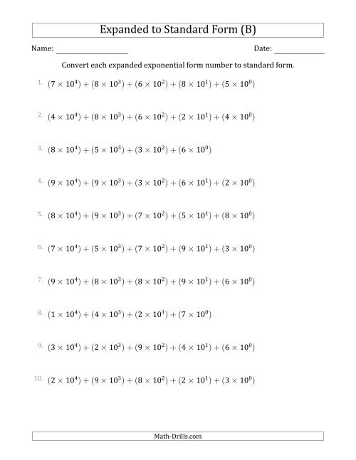 The Converting Expanded Exponential Form Numbers to Standard Form (5-Digit Numbers) (US/UK) (B) Math Worksheet