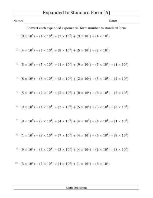 The Converting Expanded Exponential Form Numbers to Standard Form (6-Digit Numbers) (US/UK) (All) Math Worksheet