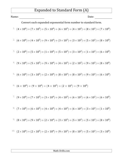 The Converting Expanded Exponential Form Numbers to Standard Form (7-Digit Numbers) (US/UK) (A) Math Worksheet