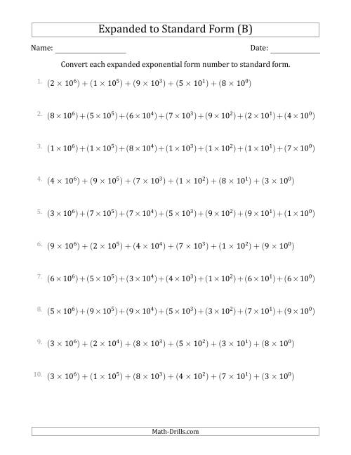 The Converting Expanded Exponential Form Numbers to Standard Form (7-Digit Numbers) (US/UK) (B) Math Worksheet