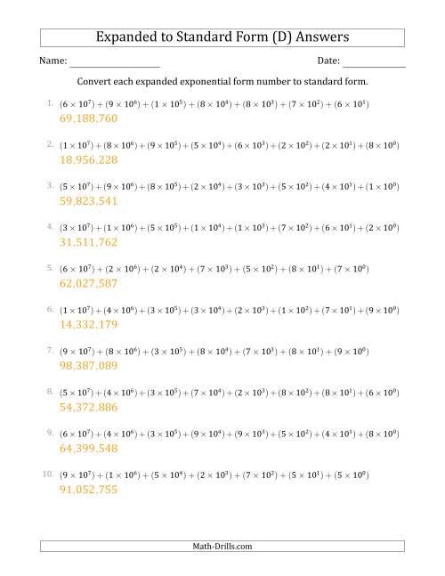 The Converting Expanded Exponential Form Numbers to Standard Form (8-Digit Numbers) (US/UK) (D) Math Worksheet Page 2