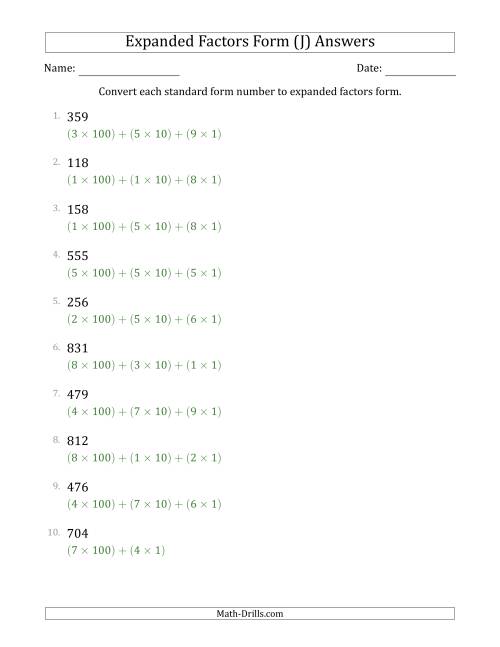 converting standard form numbers to expanded factors form 3 digit