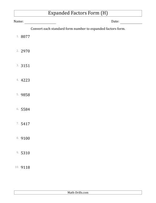 The Converting Standard Form Numbers to Expanded Factors Form (4-Digit Numbers) (H) Math Worksheet