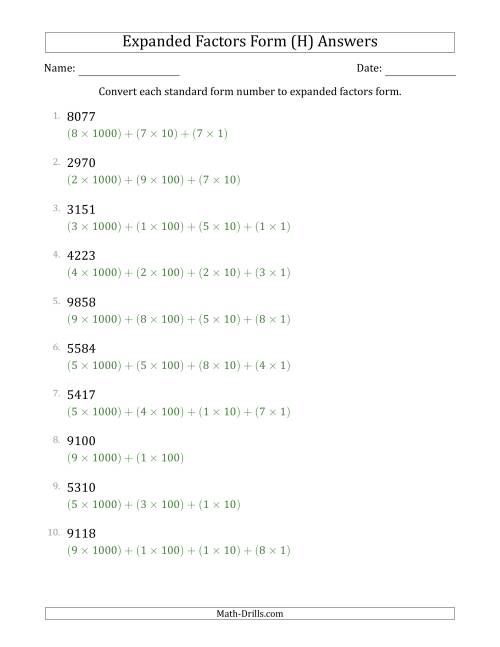 The Converting Standard Form Numbers to Expanded Factors Form (4-Digit Numbers) (H) Math Worksheet Page 2