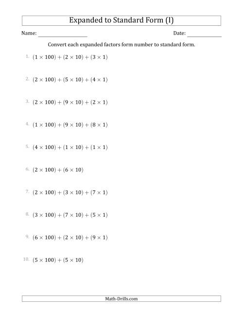 The Converting Expanded Factors Form Numbers to Standard Form (3-Digit Numbers) (I) Math Worksheet