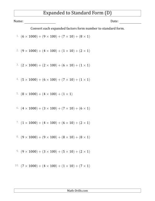 The Converting Expanded Factors Form Numbers to Standard Form (4-Digit Numbers) (D) Math Worksheet