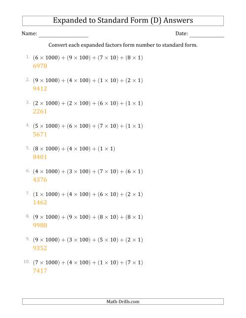 The Converting Expanded Factors Form Numbers to Standard Form (4-Digit Numbers) (D) Math Worksheet Page 2