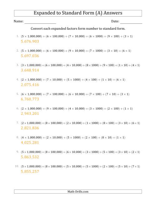 The Converting Expanded Factors Form Numbers to Standard Form (7-Digit Numbers) (US/UK) (A) Math Worksheet Page 2
