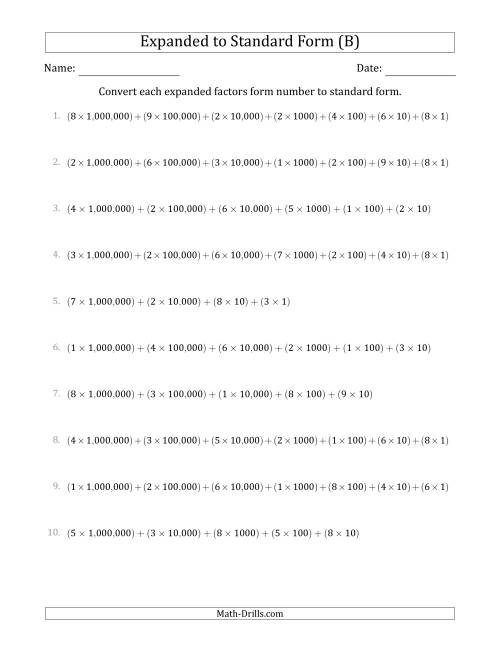The Converting Expanded Factors Form Numbers to Standard Form (7-Digit Numbers) (US/UK) (B) Math Worksheet