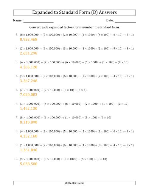 The Converting Expanded Factors Form Numbers to Standard Form (7-Digit Numbers) (US/UK) (B) Math Worksheet Page 2