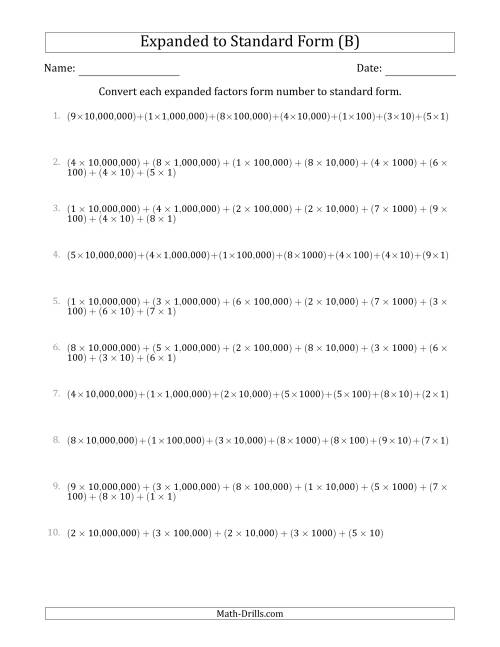 The Converting Expanded Factors Form Numbers to Standard Form (8-Digit Numbers) (US/UK) (B) Math Worksheet