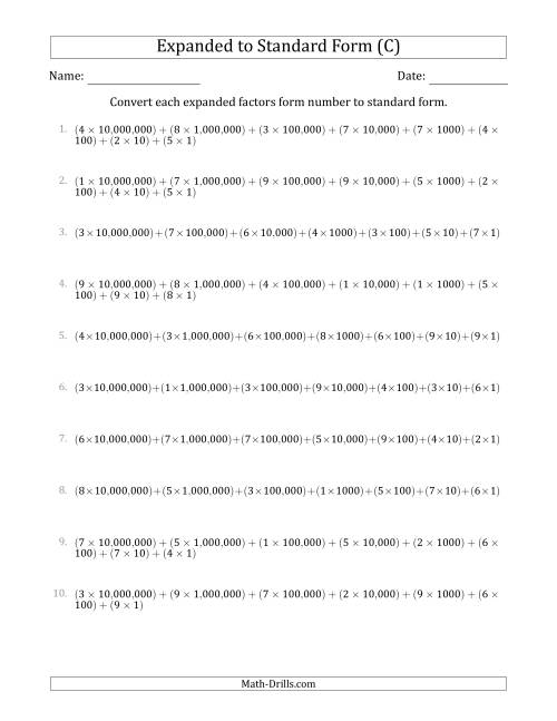The Converting Expanded Factors Form Numbers to Standard Form (8-Digit Numbers) (US/UK) (C) Math Worksheet