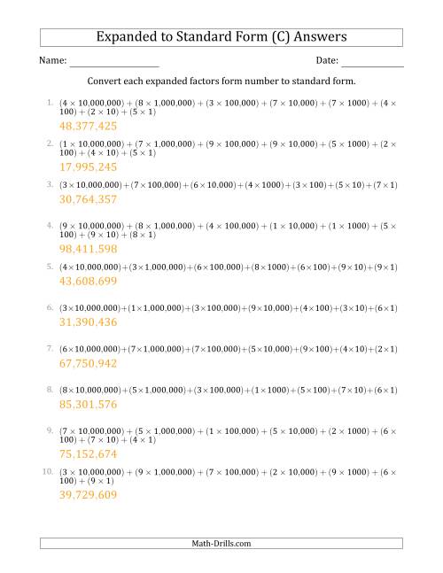 The Converting Expanded Factors Form Numbers to Standard Form (8-Digit Numbers) (US/UK) (C) Math Worksheet Page 2