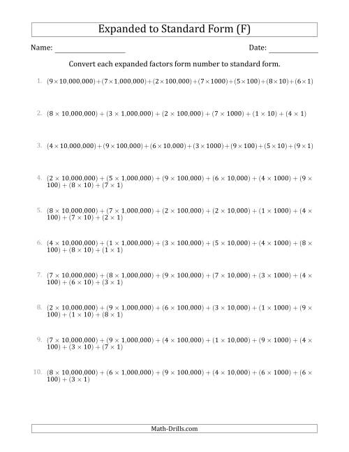 The Converting Expanded Factors Form Numbers to Standard Form (8-Digit Numbers) (US/UK) (F) Math Worksheet