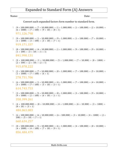 The Converting Expanded Factors Form Numbers to Standard Form (9-Digit Numbers) (US/UK) (A) Math Worksheet Page 2