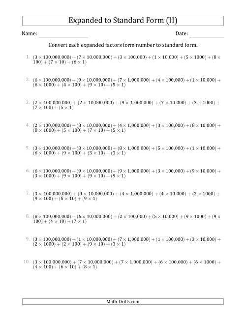 The Converting Expanded Factors Form Numbers to Standard Form (9-Digit Numbers) (US/UK) (H) Math Worksheet