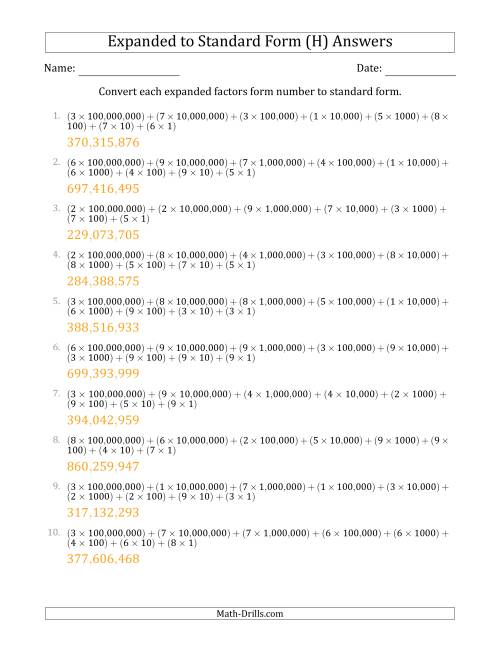 The Converting Expanded Factors Form Numbers to Standard Form (9-Digit Numbers) (US/UK) (H) Math Worksheet Page 2
