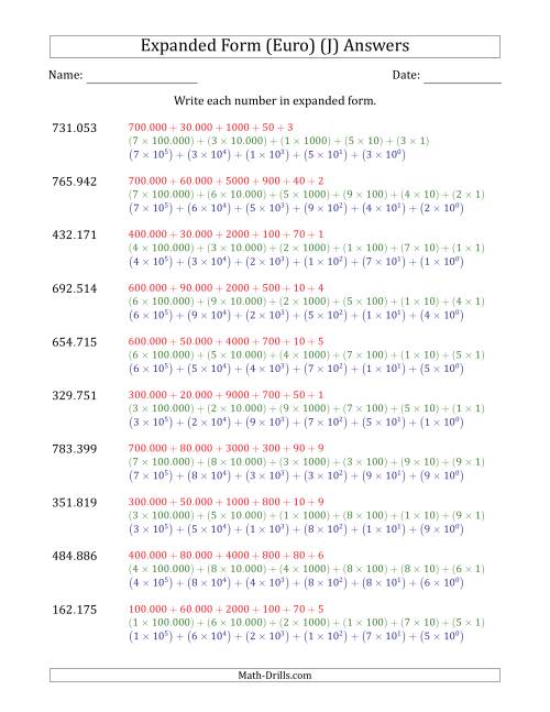 The Writing 6-Digit Numbers in Expanded Form (Euro Number Format) (J) Math Worksheet Page 2