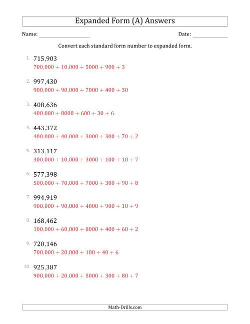 Converting Standard Form Numbers To Expanded Form 6 Digit Numbers US 